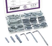 Swpeet 150 piezas 3 tamaños ganchos cuadrados curvos de metal azul y blanco con rosca con tubos de expansión y anclajes, kit surtido, tornillos autorroscantes en forma de L, ganchos tipo L, marco de