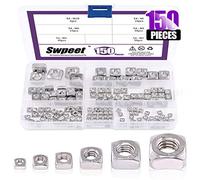Swpeet 150pcs 304 acero inoxidable 6 tamaños metrico cuadrado tuercas Kit de la variedad, máquina tornillo tuercas métrica rosca gruesa - M3 M4 M5 M6 M8 M10