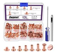 Swpeet 152 piezas de tornillos M5 x 5 mm, 6 mm, 8 mm, 10 mm, 12 mm oro rosa y remaches de cuero surtidos con perforador y destornillador, tornillo de cabeza redonda plana para manualidades de cuero y