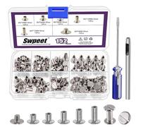 Swpeet 152 piezas M5x5 mm, 6 mm, 8 mm, 10 mm, 12 mm de remaches de cuero de tornillo plateado, con punzón y destornillador, perno de doble cabeza redonda y plana para proceso de cuero DIY