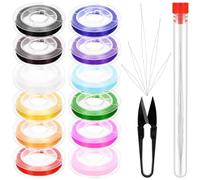 Swpeet 18 rollos de 12 rollos de hilo elástico de 12 colores y 45 mm, 60 mm, 75 mm, 100 mm, 115 mm, 125 mm, agujas de perlas con tijeras en U, kit de surtido de hilo elástico para joyas