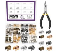 Swpeet 181Pcs 4 Colores 8.5 × 14mm 12 × 16mm 15 × 17mm Kit de selección de clips de cuerda de cuero, tubos de crimp cilíndricos metálicos, sujetador de cuerda plegable, borla, para joyería que hace