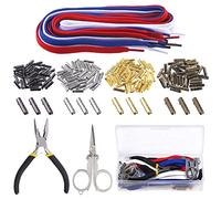Swpeet 207Pcs 4 Colores 4x20mm Metal Aglets en forma de bala Puntas Cabeza y encajes de zapato de algodón plano Reemplazo con pinzas de nariz y tijeras Kit de surtido para zapatillas de lienzo DIY