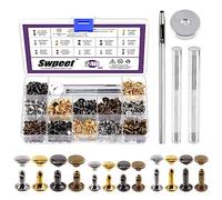 Swpeet 240 Sets 4 Colors 8mm 10mm 12mm Leather Rivets Double Cap Rivets with 4Pcs Fixing Tools Assortment Kit, Leather Rivets Double Cap Rivets Tubular for DIY Leather Craft Clothes ShoesL8