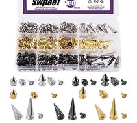 Swpeet 360 piezas de 3 colores 10 mm, 13 mm, 26 mm, clavos de árbol y doble bala de cono y tachuelas de metal con rosca trasera, remaches punk rock bala para manualidades de cuero