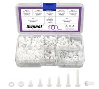 Swpeet 360pcs 6 Tamaños M4 Tornillos de cabeza redonda de nailon blanco Pan con tuercas hexagonales y juntas, juego de surtido, tornillos de cabeza redonda de nailon Phillips Cross Pan, tornillos de
