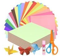Swpeet 4 x 4 pulgadas, 700 hojas, 20 colores vivos, juego de papel de origami con barra de pegamento y tijeras, papel plegable cuadrado de doble cara para manualidades, escuela, proyectos de
