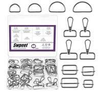 Swpeet 48pcs 4 tamaños Brillo Negro Metal D Anillo y rectángulo Ajustador Tríglices Slides Hebilla y D Anillo Girante Langosta Kit de cierre, Semi-Circular D Anillos Rodillo Pin Hebillas Gancho