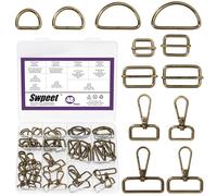Swpeet 48Pcs 4 tamaños Metal de bronce D anillo y rectángulo ajustador tríglices diapositivas hebilla y D anillo giratorio langosta cierre Kit, semicirculares D anillos rodillo pin hebillas gancho