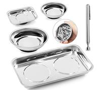 Swpeet 5 bandejas magnéticas redondas y cuadradas de acero inoxidable de 2 formas con kit surtido de herramientas de recogida magnética de 3 libras, soporte de bandeja magnética redonda para piezas,