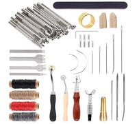 Swpeet 53 herramientas de cuero, kit de cuero con herramientas de estampación de cuero, cuchillo giratorio, ruedas de trazamiento, agujas de coser de cuero, herramienta ajustable 7 en 1, cinceles