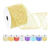 Swpeet 6.35 cm × 9.14 metros Cinta con purpurina dorada de 2-1/2 pulgadas, cinta de organza transparente con borde metálico dorado, cinta con espirales de purpurina, cinta con alambre para decoración