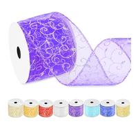 Swpeet 6.35 cm × 9.14 metros de cinta de purpurina Lila Swirl con alambre, cinta de organza transparente con borde metálico dorado, cinta de purpurina con espirales con alambre, cinta con alambre para
