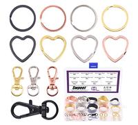 Swpeet 60 llaveros redondos y en forma de corazón, 4 colores, anillos O con cierre de mosquetón giratorio de metal, kit surtido de llaveros, anillos planos de metal dividido, anillo de salto de cuero