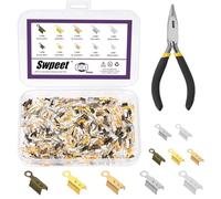 Swpeet 601Pcs 5 colores 1.2mm 2.5mm plegado cuadrado sobre extremos de cuerda Puntas de crimp de con pinzas de instalación Kit de variedad, tapas de cierre de cinta de cuero, conector de joyería