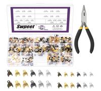 Swpeet 721Pcs 6 colores 3mm 4mm 5mm 8mm plegado redondo sobre cable termina cordón crimp puntas con pinzas de instalación Kit de surtido, tapas de cuero cinta cordón puntas, conector de joyería