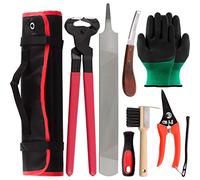 Swpeet 8 piezas de herramientas de herrador profesional con paquete de rollo, herramientas de tijeras de recortador de pezuña, cortador de pezuña, cepillo de herradura, cuchillo de pezuña