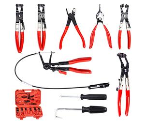 Swpeet 9 Piezas Alicates Removedores de Abrazaderas de Manguera de Resorte de Alambre Flexible Rojo de Largo Alcance Kit Surtido, Alicates de Mordaza Giratoria en Ángulo Tipo Clic R y de Banda Plana