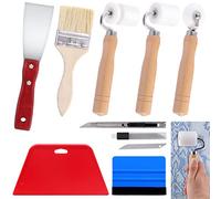 Swpeet 9Pcs papel pintado rodillo de costura plana con herramientas de papel pintado variadas Kit, esquina rodillo cuchillo de mastilla cepillo de pintura de madera cuchillo artesanal Squeegees azules