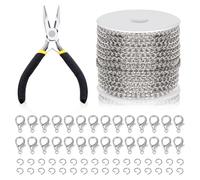 Swpeet Cadena de eslabones para joyas y cadenas, aprox. 9,1 m de largo x 3 mm, con eslabones planos, juego de 102 unidades, con anillos de salto, cierres de langosta y pinzas para joyas, color blanco