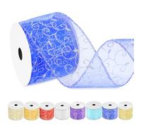 Swpeet Cinta de lentejuelas con espiral azul de 6,35 cm × 9,14 metros, cinta de organza transparente con borde metálico dorado, cinta de espiral de lentejuelas con alambre, cinta con alambre para