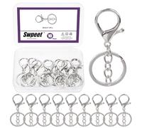 Swpeet Juego de 10 cierres de mosquetón plateados con llavero y anillo dividido plano, broches giratorios, ganchos giratorios para bolso, correa, llavero, manualidades