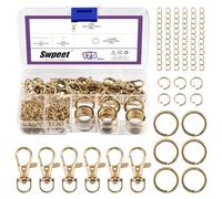 Swpeet Juego de 125 llaveros dorados, 25 ganchos giratorios con cordón, anillo de llavero 25P, cadenas extensoras 25P, anillos abiertos de 50P, cierres de langosta giratorios, clips de llaveros