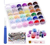 Swpeet Juego de 138 bobinas de hilo de coser de 36 colores con caja de bobinas, bobinas de hilo con alfileres de coser, cinta métrica, herramienta de desenroscar, compatible con máquina de bordado