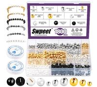 Swpeet Juego de 1802 cuentas de 3 tamaños, 4 mm, 6 mm, 8 mm, doradas, plateadas, redondas, espaciadoras, perlas de alfabeto, con 2 rollos de cuerda elástica para pulseras de manualidades, joyas