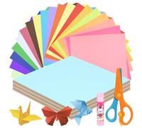 Swpeet Juego de 200 hojas de papel de origami de 20 colores vivos de 10 x 10 pulgadas, con barra de pegamento y tijeras, papel plegable cuadrado de color de doble cara para bricolaje, proyectos de