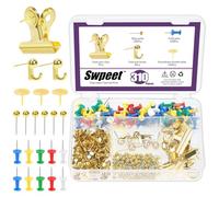 Swpeet Juego de 310 chinchetas doradas, incluyendo tachuelas para el pulgar, ganchos de chincheta, clips de chincheta, chinchetas decorativas y tachuelas de mapa, accesorios de oficina dorados de 5