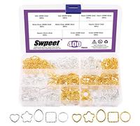 Swpeet Juego de 400 anillos de salto abiertos de oro y plateado de 12 mm, 15 mm, 16 mm, 18 mm, 5 estilos, color ciruela, flor de flores, gotas de agua, corazón/anillos cuadrados de hierro, conectores de joyería