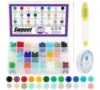 Swpeet Juego de 603 cuentas redondas de cristal de 24 colores para hacer joyas, kit de fabricación de pulseras de cuentas de vidrio de 8 mm, incluye cuentas, tijeras, cordón elástico, agujas de