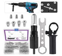 Swpeet Kit de 211 adaptadores de pistola de remache eléctrica de aleación de acero negro, incluye cabeza de remache de 2.4/3.2/4.0/4.8 mm de diámetro y llave de mango con 500 piezas de kit de remaches