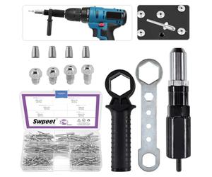 Swpeet Kit de 211 adaptadores de pistola de remache eléctrica de aleación de acero negro, incluye cabeza de remache de 2.4/3.2/4.0/4.8 mm de diámetro y llave de mango con 500 piezas de kit de remaches