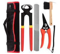 Swpeet Kit de 5 herramientas profesionales de herrador con paquete de rollo, mini lima de pezuña de 8 pulgadas, pinza de pezuña de 8 pulgadas, cepillo de herradura, herramientas de corte de pezuñas de