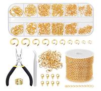 Swpeet Kit de 504 cadenas doradas de 3 mm para hacer joyas con anillos de salto, alicates de joyería, pinzas curvadas, abridor de anillos y cierres de langosta, herramientas para hacer collares,