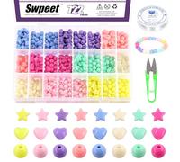 Swpeet Kit de 722 cuentas acrílicas, 8 colores de caramelo, 7/11 mm, formas redondas de corazón de estrella, cuentas sueltas de plástico coloridas con cuerdas elásticas, tijeras para niñas, pulseras