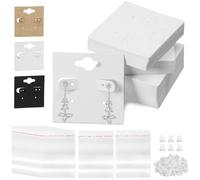 Swpeet Kit de exhibición de aretes de 400 piezas, 100 tarjeteros blancos de 2 x 2 pulgadas, 200 soportes de silicona para aretes, 100 bolsas transparentes autosellantes