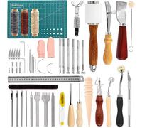 Swpeet Kit de herramientas de cuero de 58 piezas, herramientas y accesorios esenciales para el trabajo, incluyendo perforadora de cuero, cinceles planos, punzones, ruedas de trazamiento, herramienta