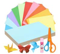 Swpeet Kit de papel de origami tamaño A4, 200 hojas, 10 colores vivos, con barra de pegamento y tijeras, papel plegable cuadrado de doble cara para manualidades, proyectos de manualidades, niños y