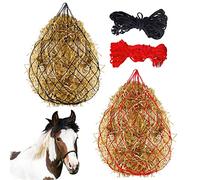 Swpeet Red de heno de alimentación lenta roja y negra de 36 pulgadas para colgar caballos, alimentador de viaje ajustable, redes de heno con anillo en la parte superior, para remolque y puesto, simula
