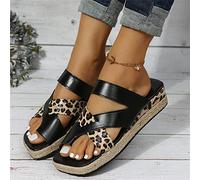 SWTKO Sandalias con Cuña para Mujer con Soporte del Arco Flip Flops Cómodas Sandalias Ortopédicas Zapatos para Caminar con Estampado de Leopardo de Verano,Negro,US8/EU39