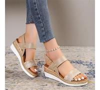 SWTKO Sandalias de Plataforma para Mujer Sandalias de Cuña con Estampado de Serpiente de Suela Blanda Zapatos Alpargatas con Correa en El Tobillo y Hebilla de Verano,Oro,US8/EU39