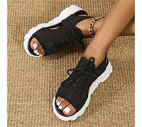 SWTKO Sandalias Deportivas Mujer Sandalias Informales Punta Abierta y Boca de Pez de Fondo Grueso Cómodos Zapatos de Suela Blanda de Malla Tejida con Diseño de Cordones,Negro,US10/EU41