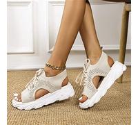 SWTKO Sandalias Deportivas Mujer Sandalias Informales Punta Abierta y Boca de Pez de Fondo Grueso Cómodos Zapatos de Suela Blanda de Malla Tejida con Diseño de Cordones,Beige,US7/EU38