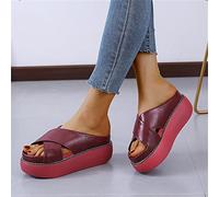 SWTKO Zapatillas Lisas Básicas para Mujer, Sandalias con Plataforma Zuecos Mules Zapatos de Playa Informales Punta Abierta Cómodas Sandalias Boca de Pescado Cuña Verano,Rojo,US5/EU36