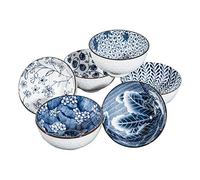 Swuut Cuencos de cerámica para cereales de estilo japonés, ensalada de 24 onzas, juego de 6, cuencos de ensalada Ramen Pho, color azul y blanco, aptos para microondas para cocina (6 pulgadas)