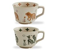 Swuut Juego de 2 tazas de café de cerámica vintage de 350 ml, hechas a mano, cerámica, campo, granja, otoño, con asa grande para café con leche, cacao, lavavajillas y microondas (animales)