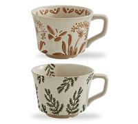 Swuut Juego de 2 tazas de café de cerámica vintage de 350 ml, hechas a mano, cerámica, campo, granja, otoño, con asa grande para café con leche, cacao, lavavajillas y microondas (plantas)